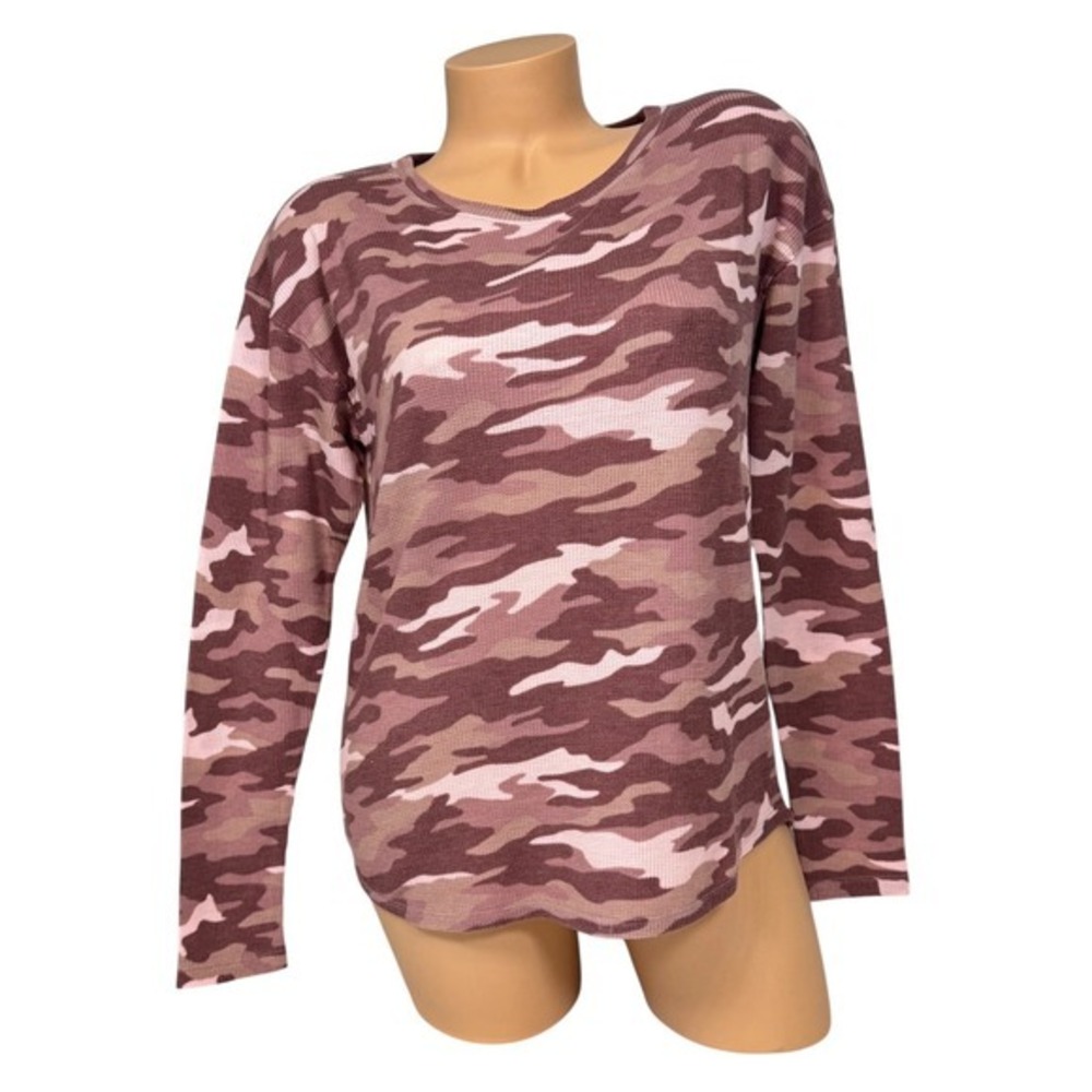 PINK Victoria's Secret Women's XS Camo Waffle Knit Thermal Top Pink Long Sleeve